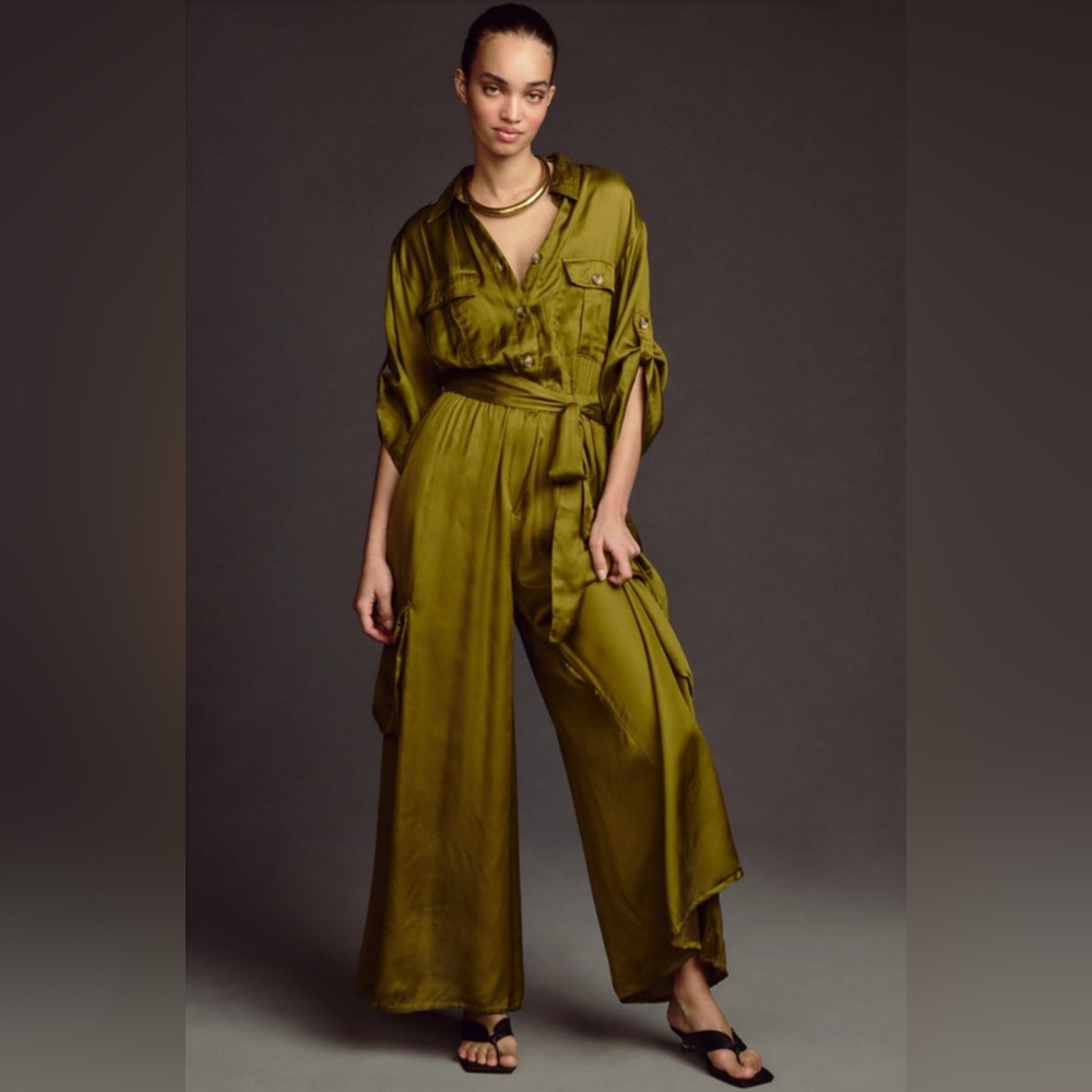 Anthropologie Silky Cargo Jumpsuit Light Olive Green Size S NWOT